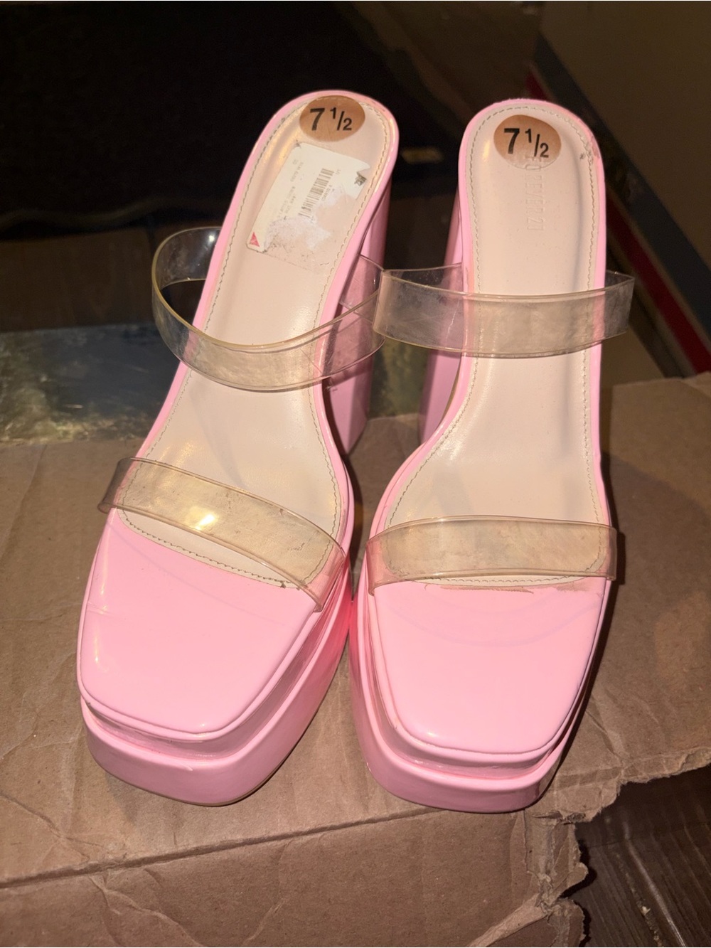 Pink Platform Mule Sandals with Clear Straps 7 1/2
